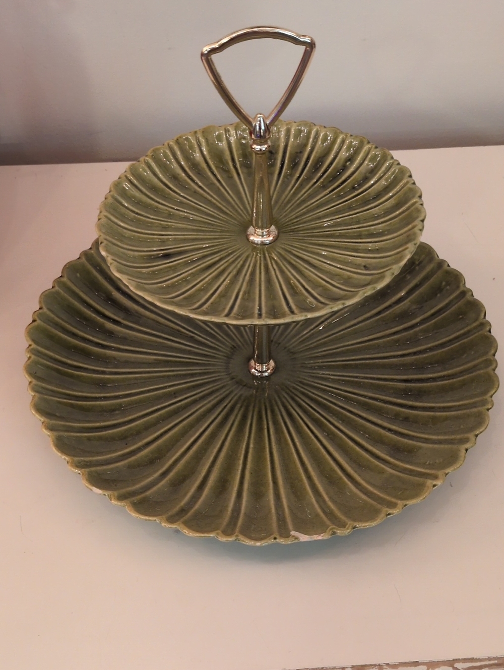 Vintage California Pottery Two-Tier Olive Green Ceramic Serving Stand